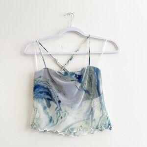 UO Marble-Print Cowl Neck Camisole Top in Blue & Cream